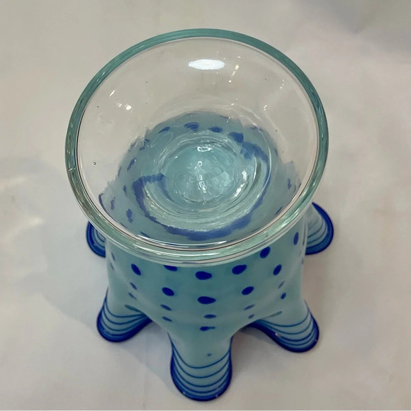 Blue Polka Dot & Stripped Blown Glass Fluted Ruffle Vase Handmade Unique - Picture 10 of 15